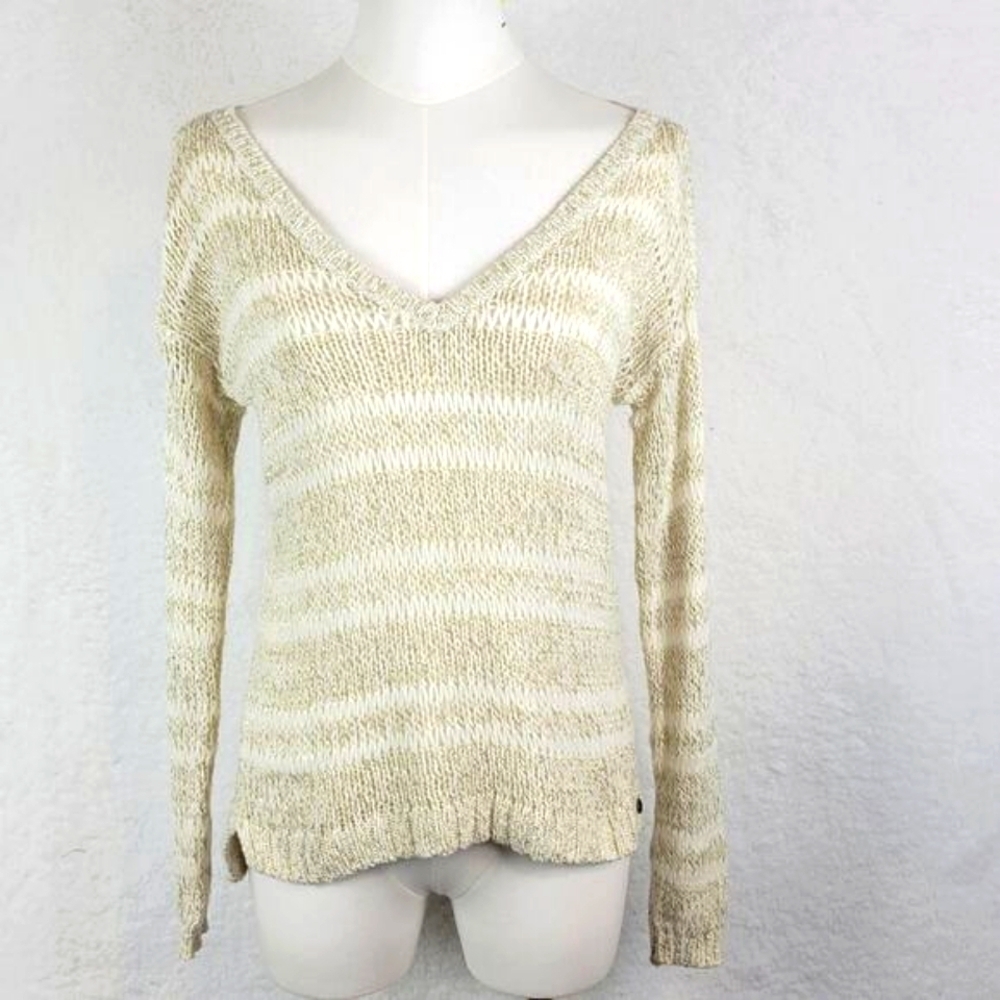 476 Abercrombie Kids‎ Waffle Knit Sweater Sz L V Neck Long Sleeve White Neutral